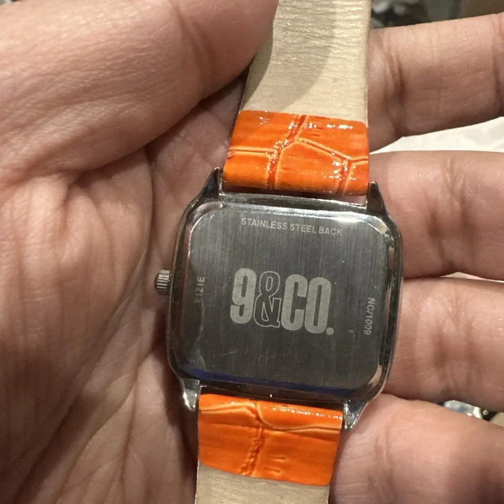 Working‎ 9&Co Ladies Quartz Watch 36mm Rectangle Silver Tone Orange Leather Band